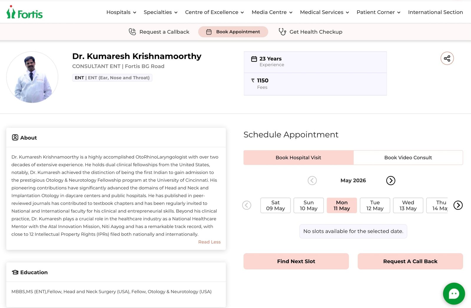 drkumaresh ent clinic fortis manipal